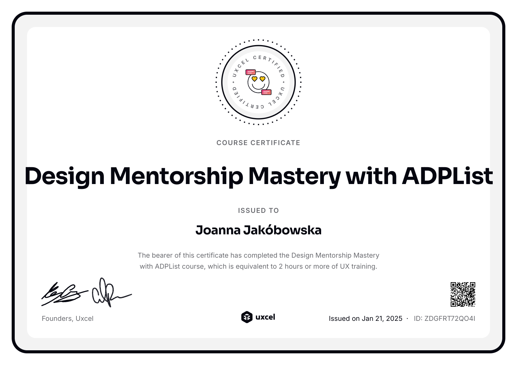 Joanna Jakóbowska's certificate